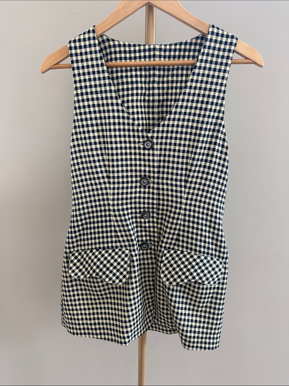 Gingham Long Button Front Vest Adjustable Waist Pockets